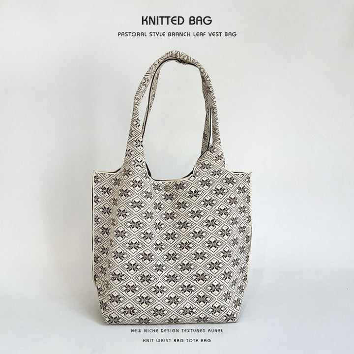 Vintage Pattern Knit Shoulder Tote