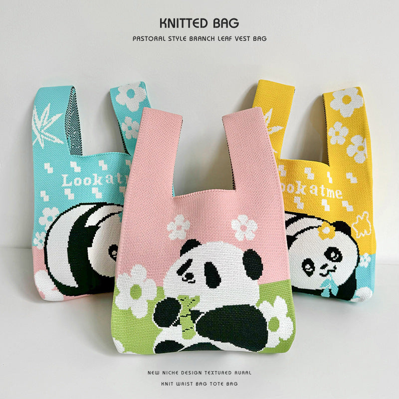 Panda wrist bag handbag cute panda flower knitted bag