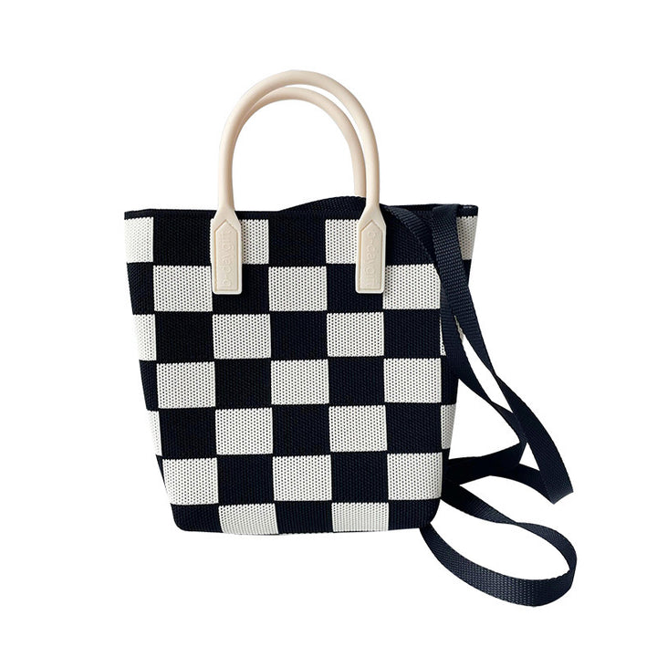 Black and white checkerboard knit tote