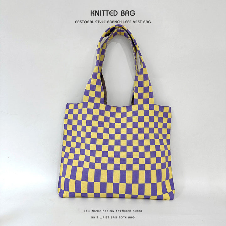 Checkerboard knitted tote bag