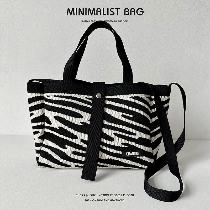 Black and white diamond knitted tote bag