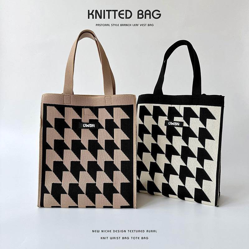 Black and white houndstooth knit tote