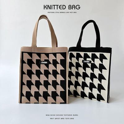 Black and white houndstooth knit tote