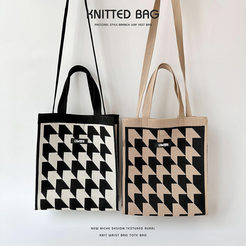 Black and white houndstooth knit tote