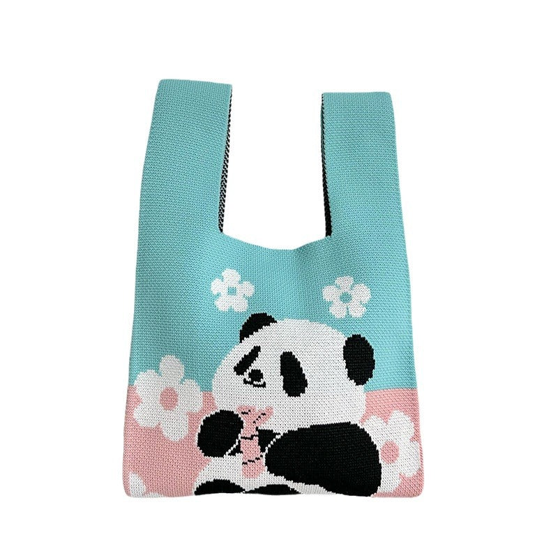 Panda wrist bag handbag cute panda flower knitted bag