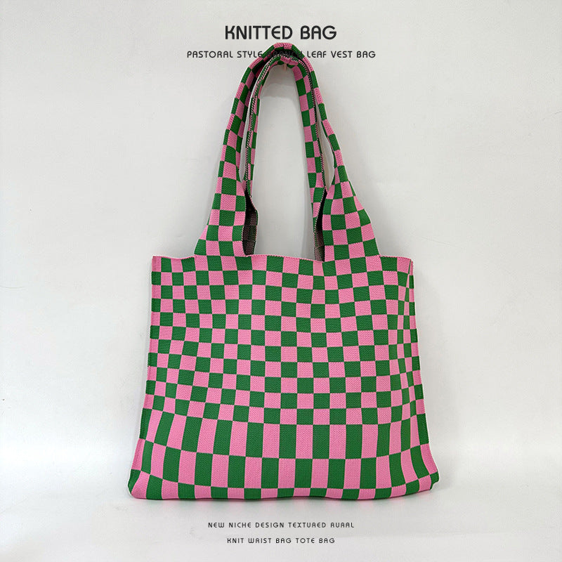 Checkerboard knitted tote bag