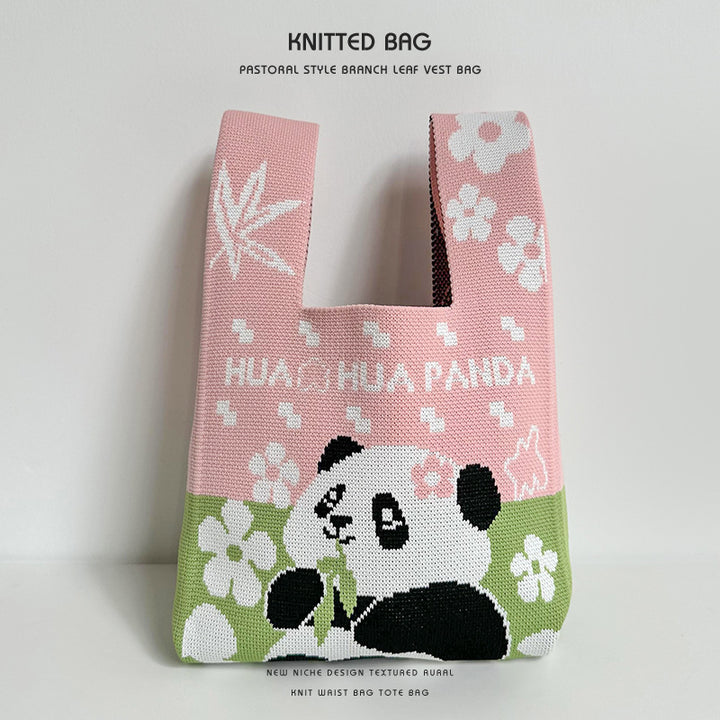 Panda wrist bag handbag cute panda flower knitted bag