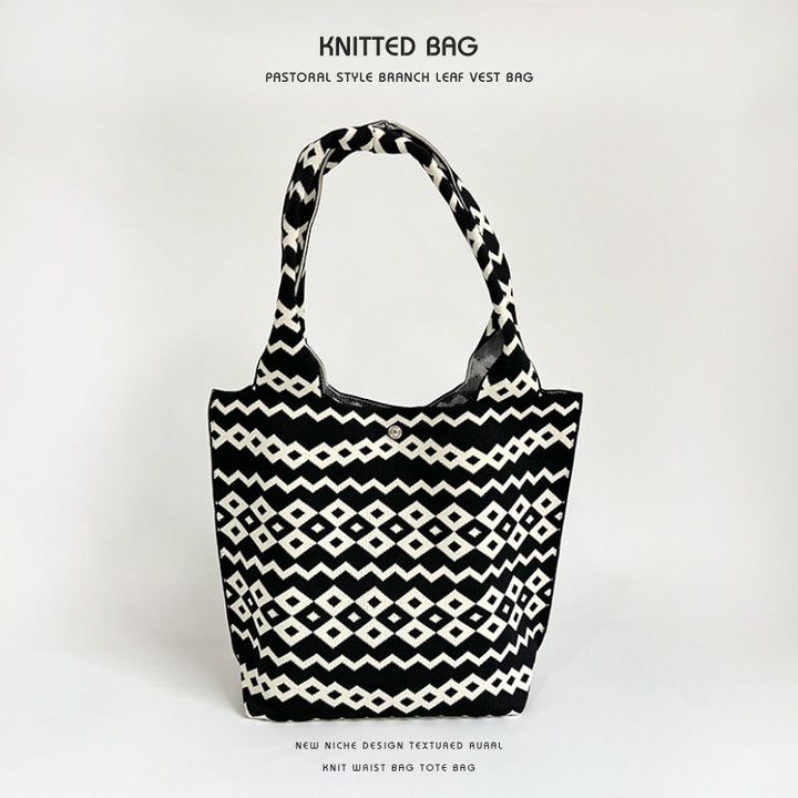 Vintage Pattern Knit Shoulder Tote