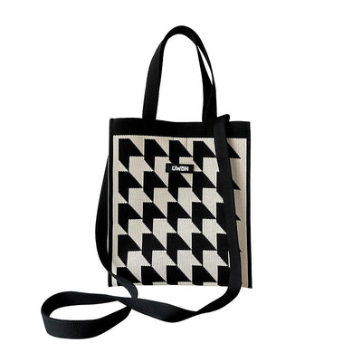 Black and white houndstooth knit tote