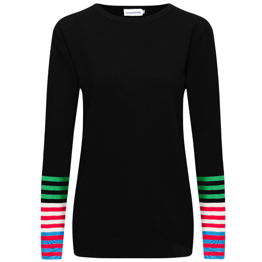 Women's black striped knitted long-sleeved T-shirt