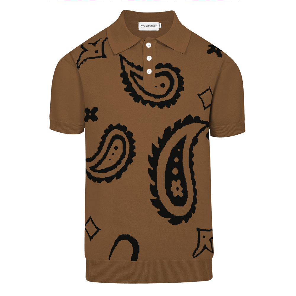 Men's coffee-colored vintage jacquard knit polo shirt