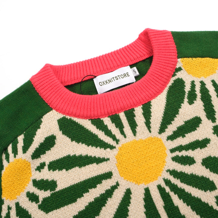 Grüne Sonnenblumenstrickpullover für Frauen