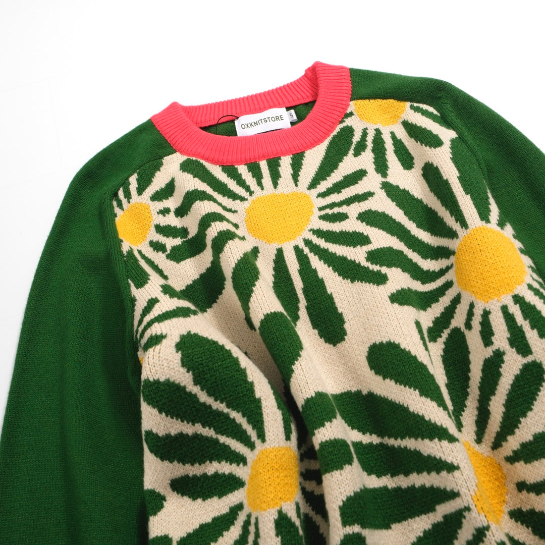 Grüne Sonnenblumenstrickpullover für Frauen