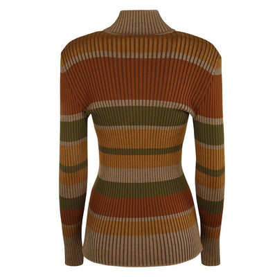 Women's vintage brown striped turtleneck knit T-shirt