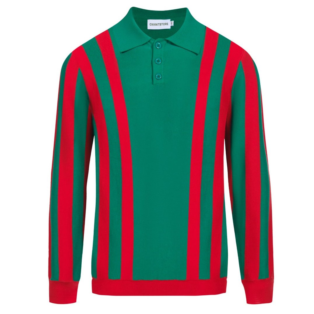 Men's green striped vintage 1950s knit polo shirt