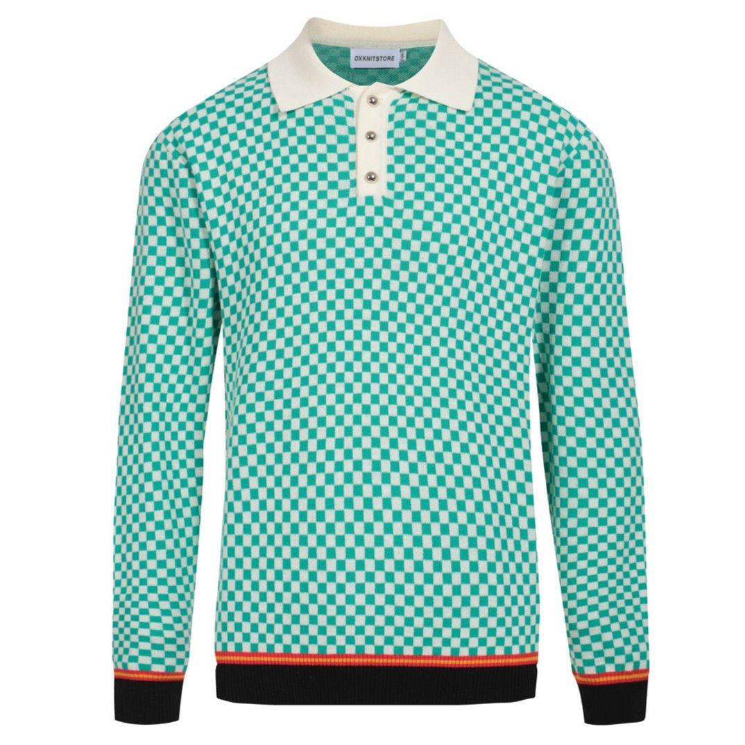 Men's green plaid with vintage jacquard polo shirt