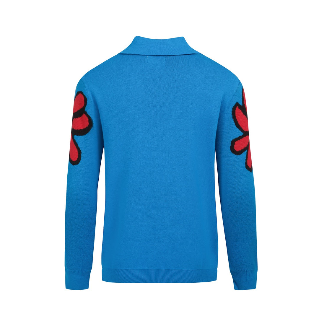 Men's blue floral knit crew neck polo shirt