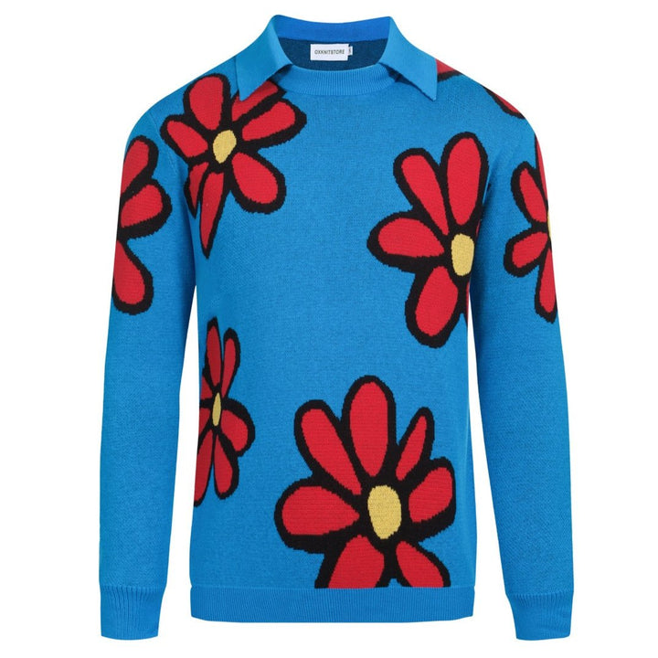 Men's blue floral knit crew neck polo shirt