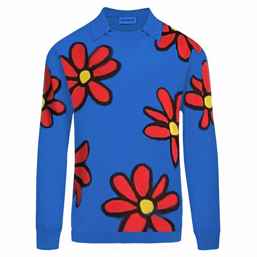 Men's blue floral knit crew neck polo shirt