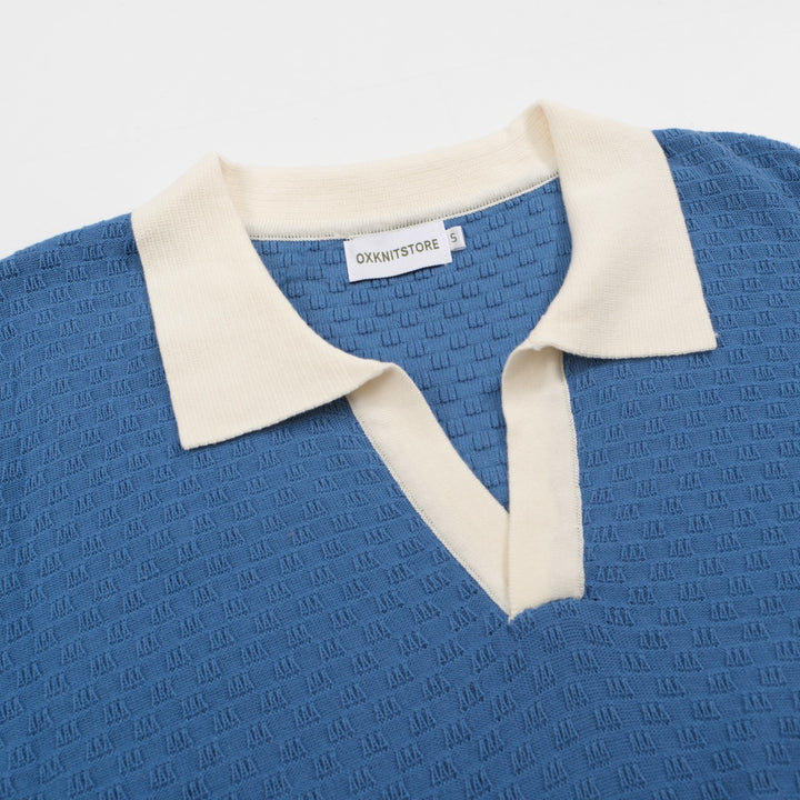 Men's blue casual knit V-neck long-sleeved polo shirt