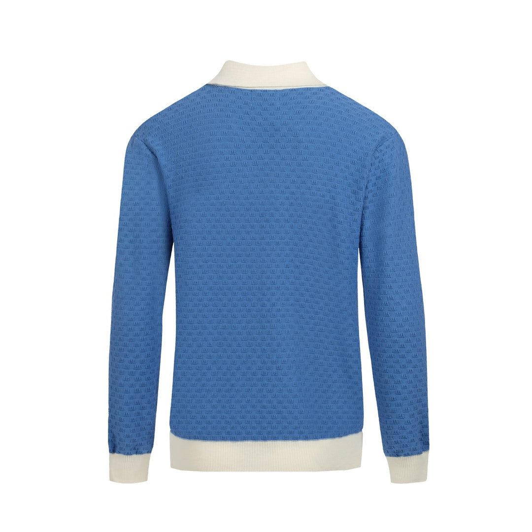 Men's blue casual knit V-neck long-sleeved polo shirt