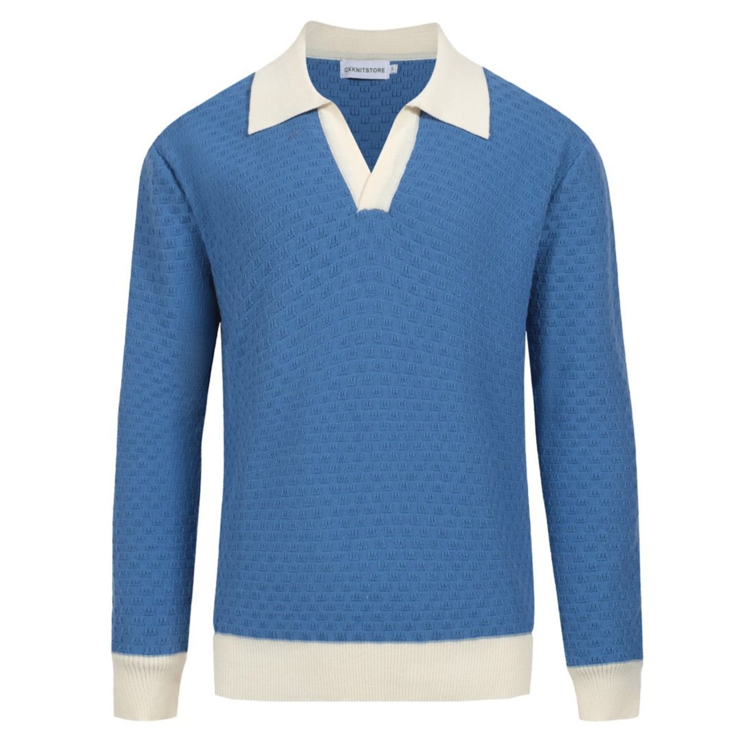 Men's blue casual knit V-neck long-sleeved polo shirt