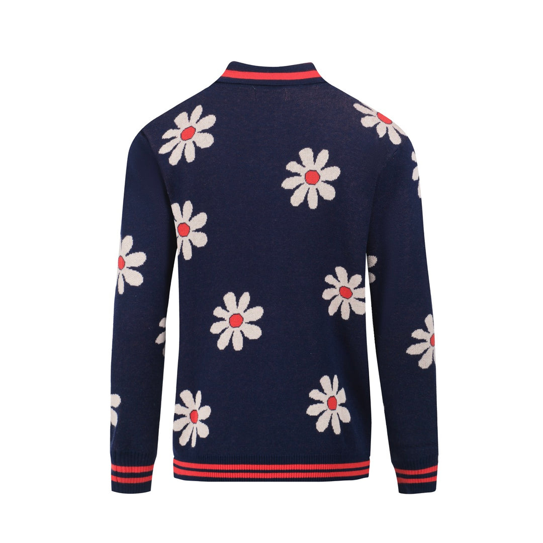 Men's dark blue floral jacquard knit cardigan