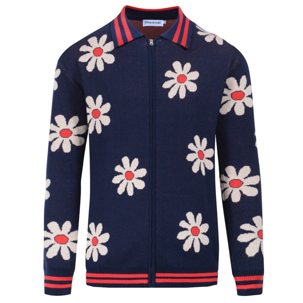 Men's dark blue floral jacquard knit cardigan