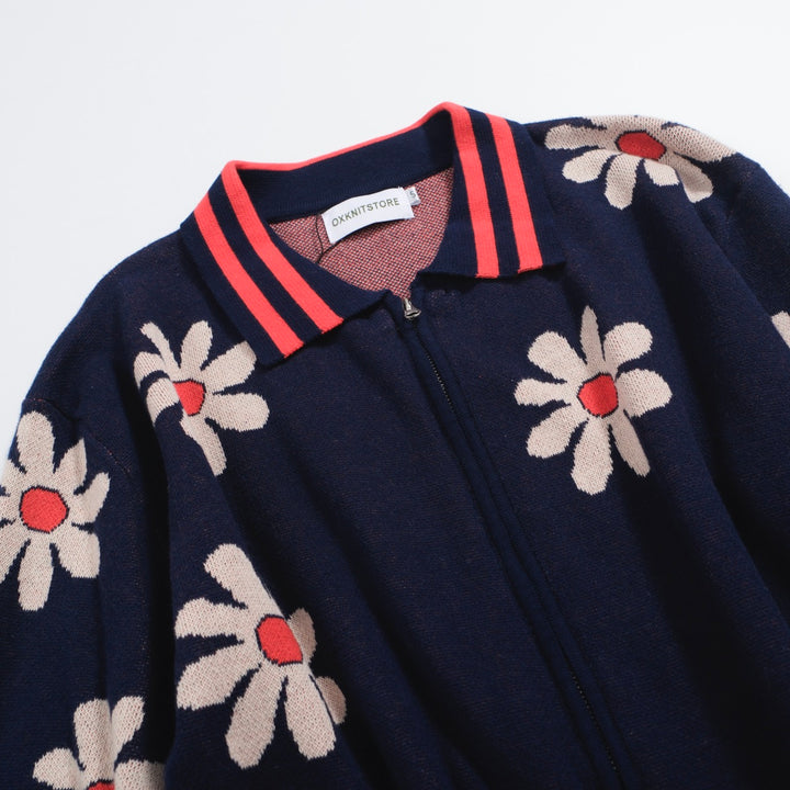 Men's dark blue floral jacquard knit cardigan