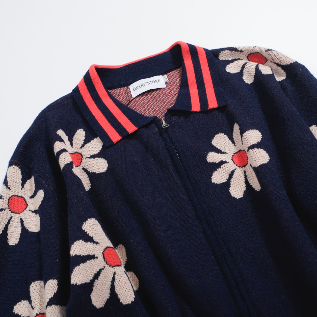 Men's dark blue floral jacquard knit cardigan