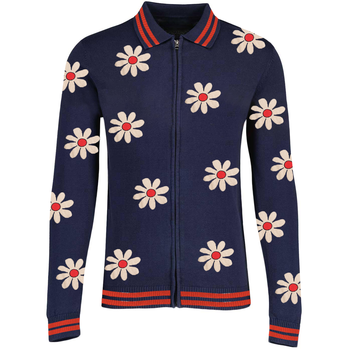 Men's dark blue floral jacquard knit cardigan