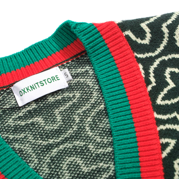 Men's green jacquard contrast knit cardigan sweater