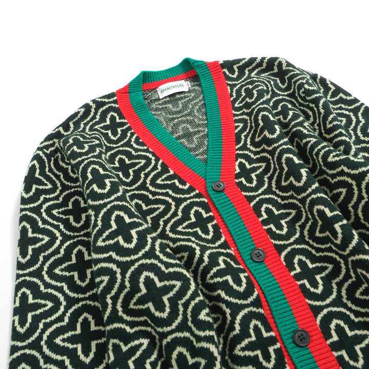 Men's green jacquard contrast knit cardigan sweater