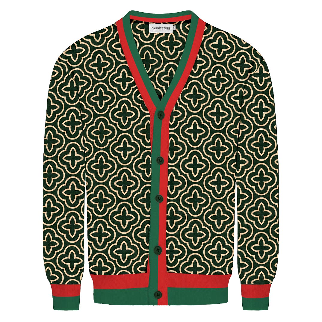 Men's green jacquard contrast knit cardigan sweater