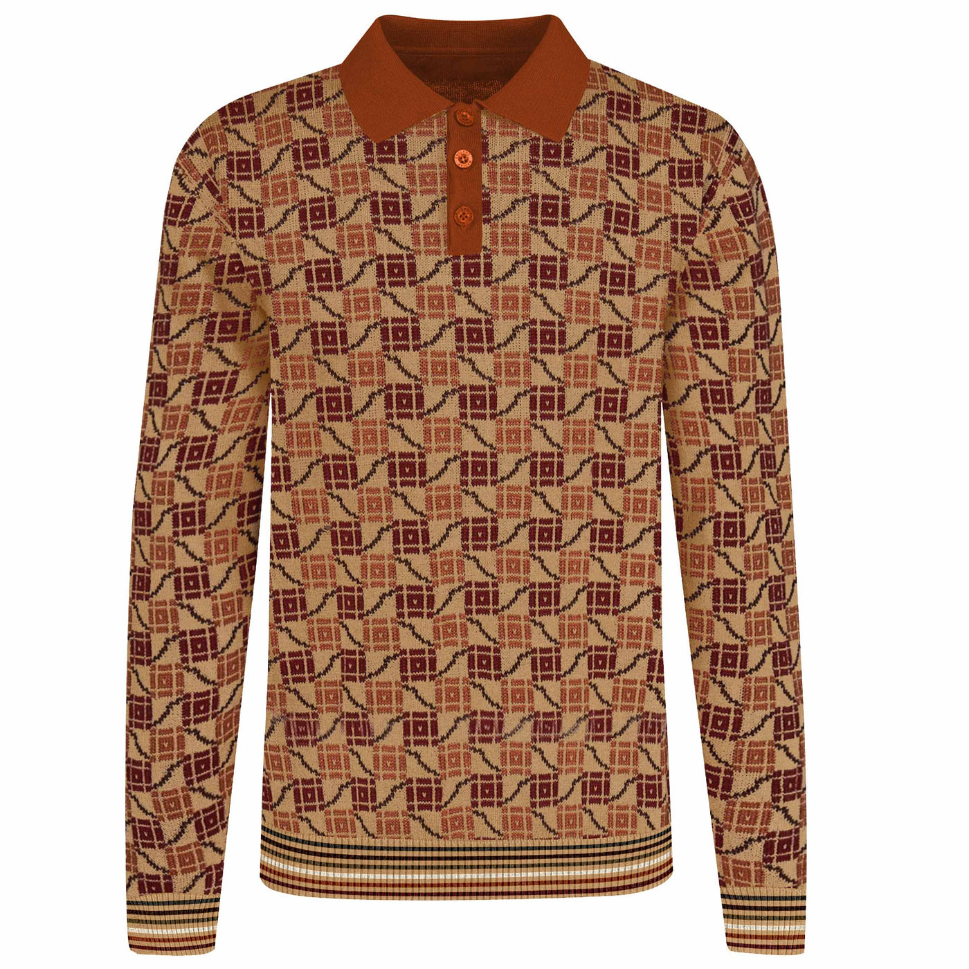 Men's brown jacquard 1950s knit polo shirt