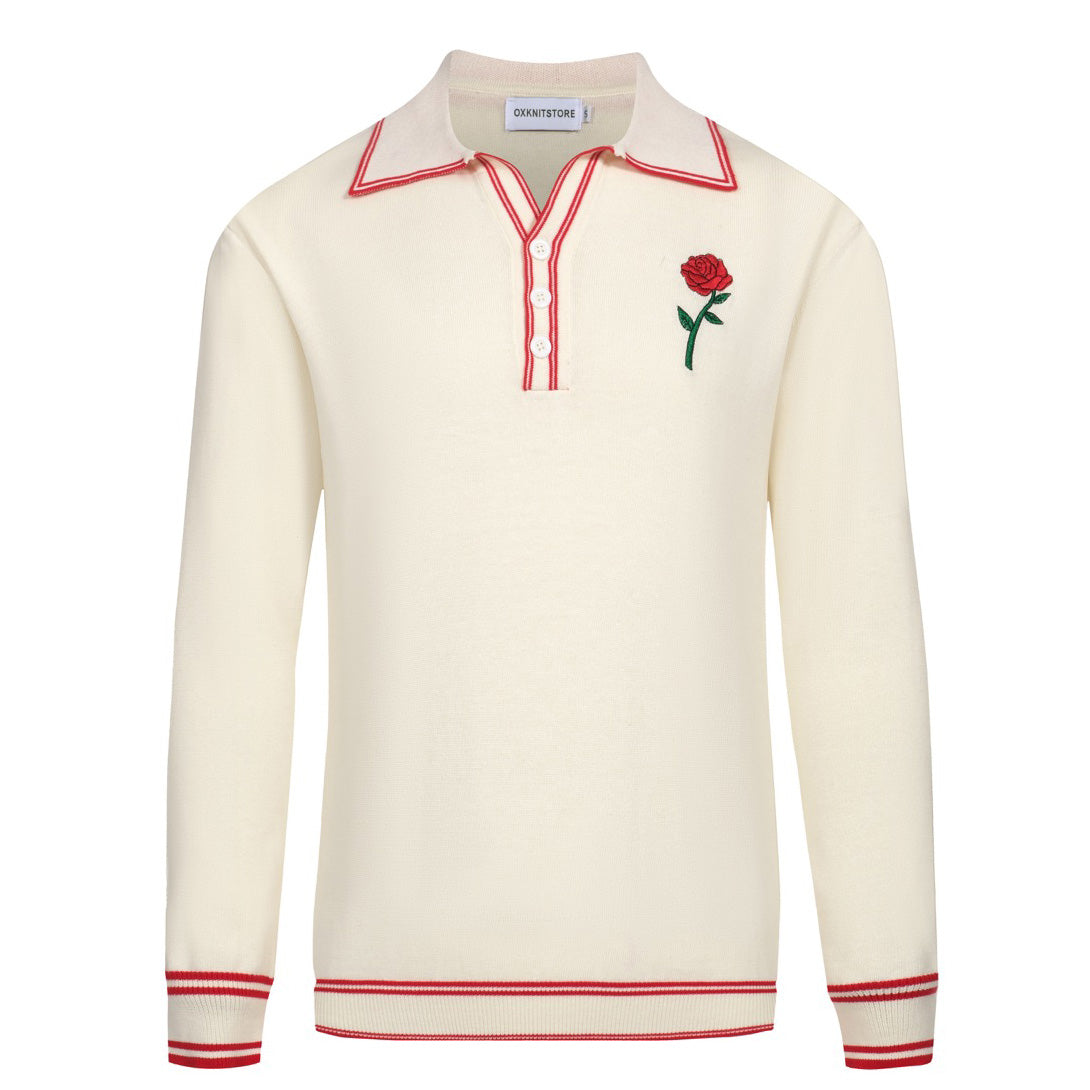 Men's white apricot rose embroidered polo shirt