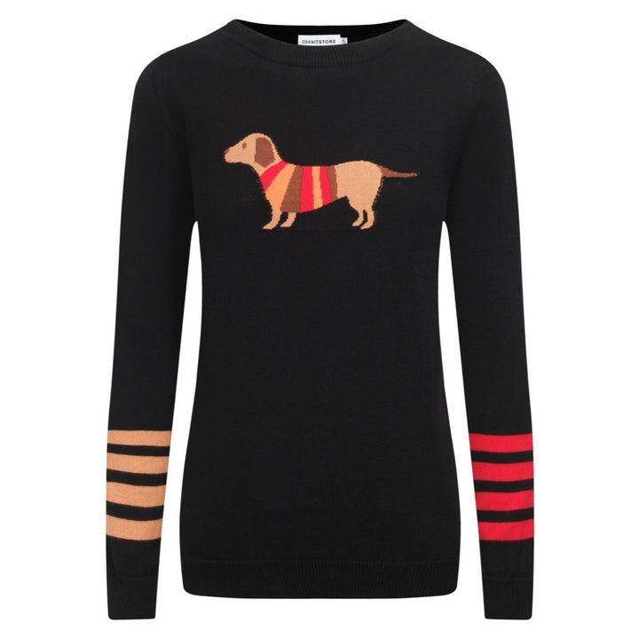 Top de Knit Jacquard Black Dachshund de mujer femenina