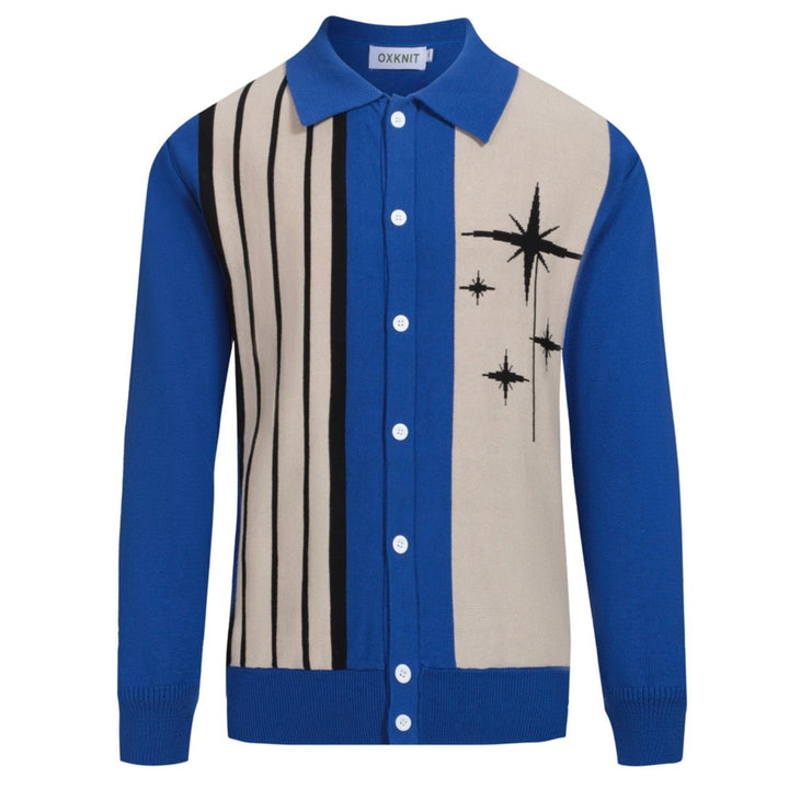 Men's blue 50s jacquard long-sleeved cardigan