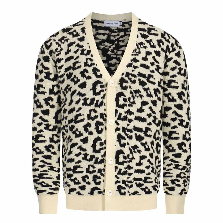 Men's vintage leopard print jacquard cardigan sweater