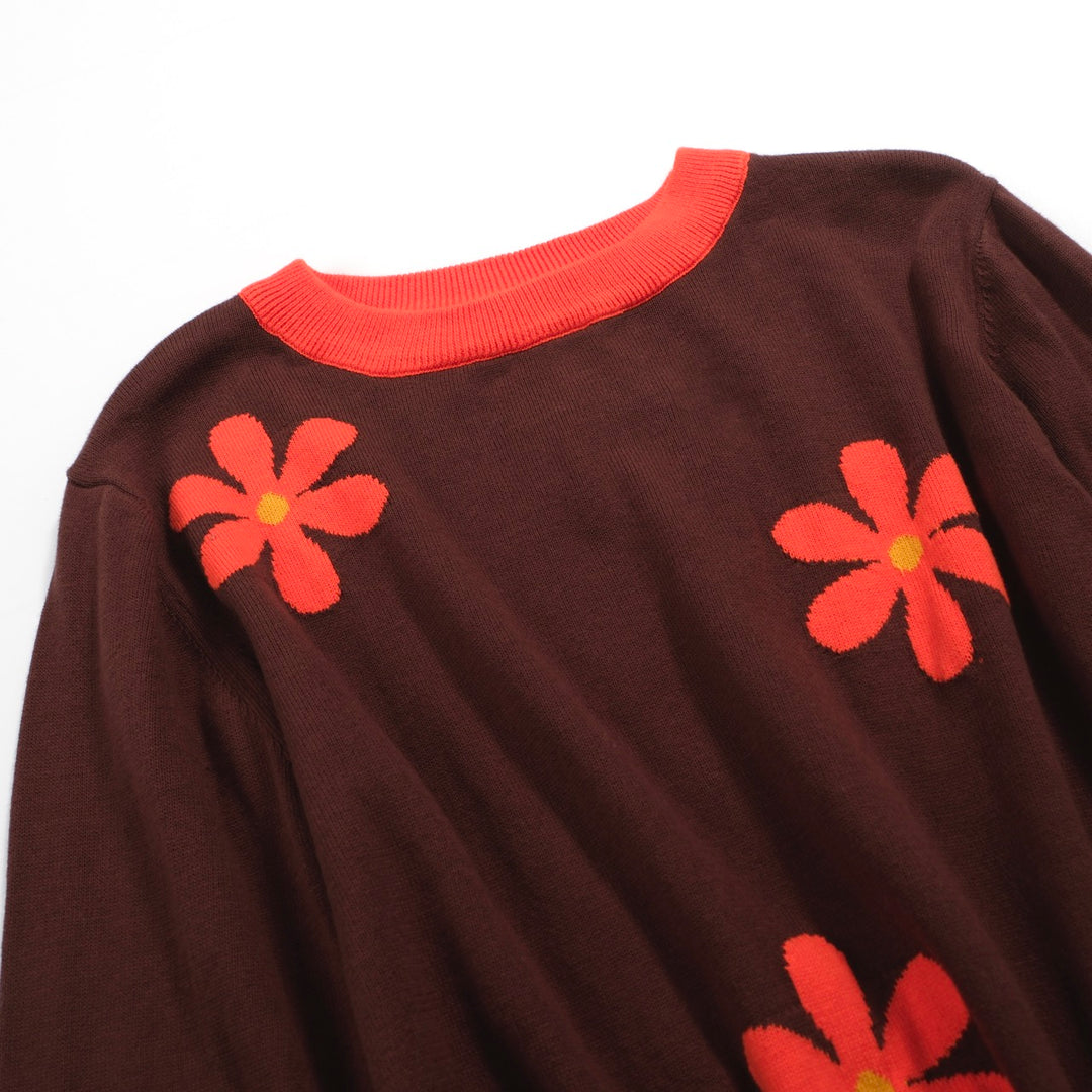 Women's brown floral jacquard vintage knit top