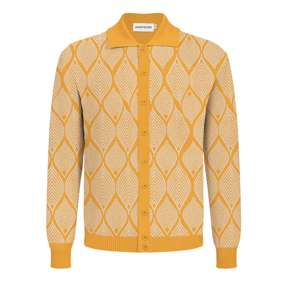 Men's yellow jacquard knit polo cardigan