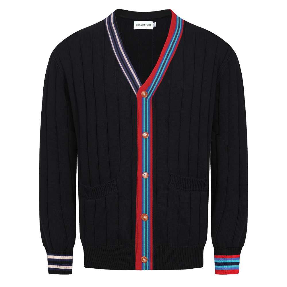 Men's black vintage pit stripe knitted sweater jacket