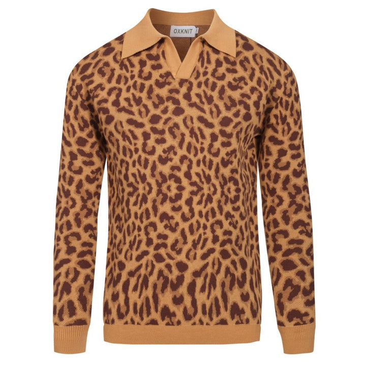 Men's Brown leopard print vintage V-neck polo shirt