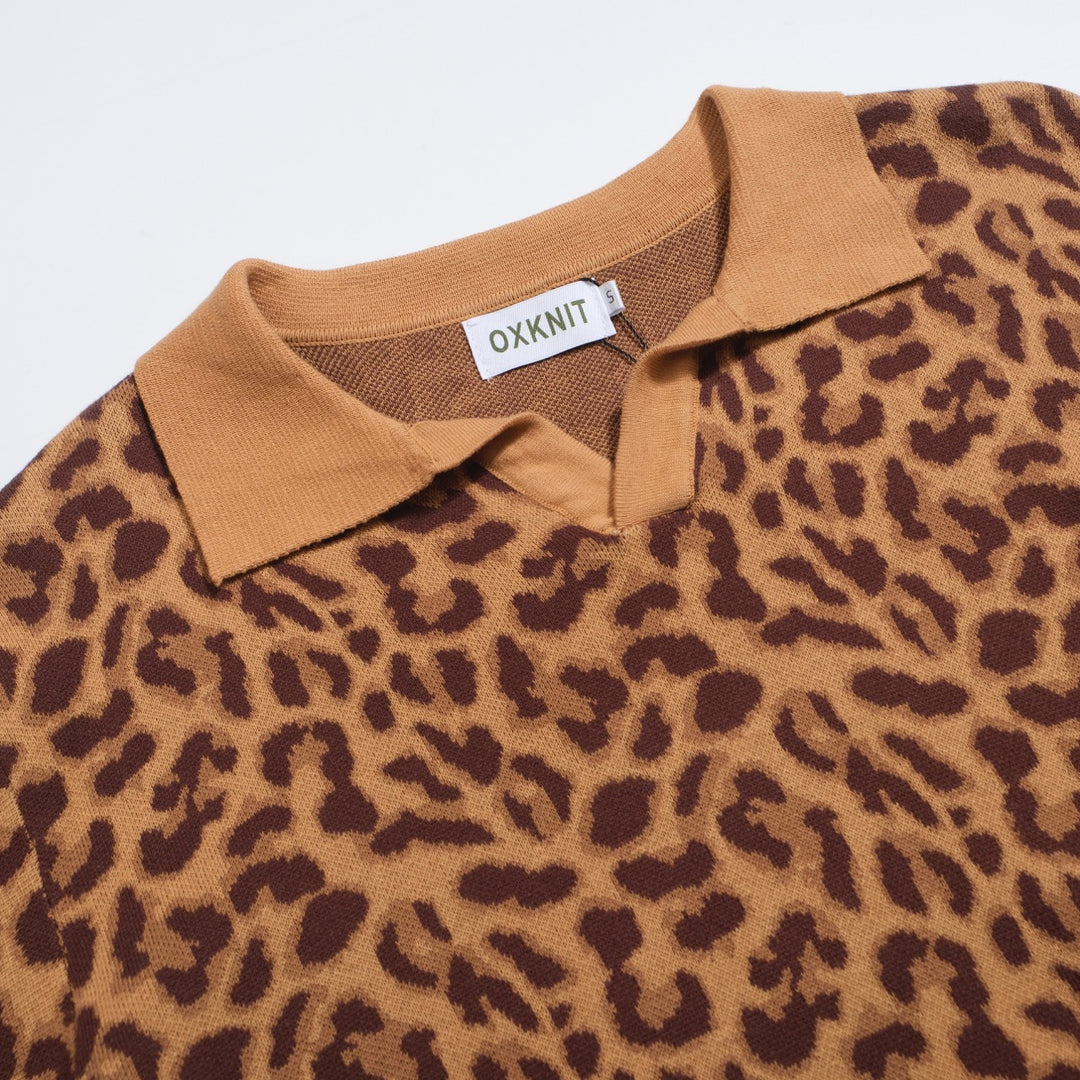 Men's Brown leopard print vintage V-neck polo shirt