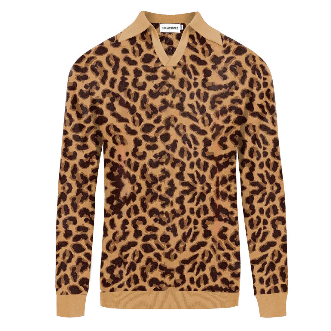 Men's Brown leopard print vintage V-neck polo shirt