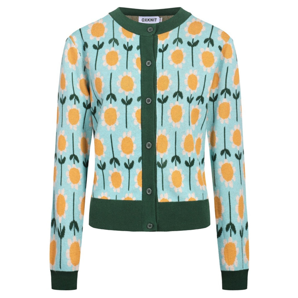 Women's green sunflower cardigan sweater-Cropped Length