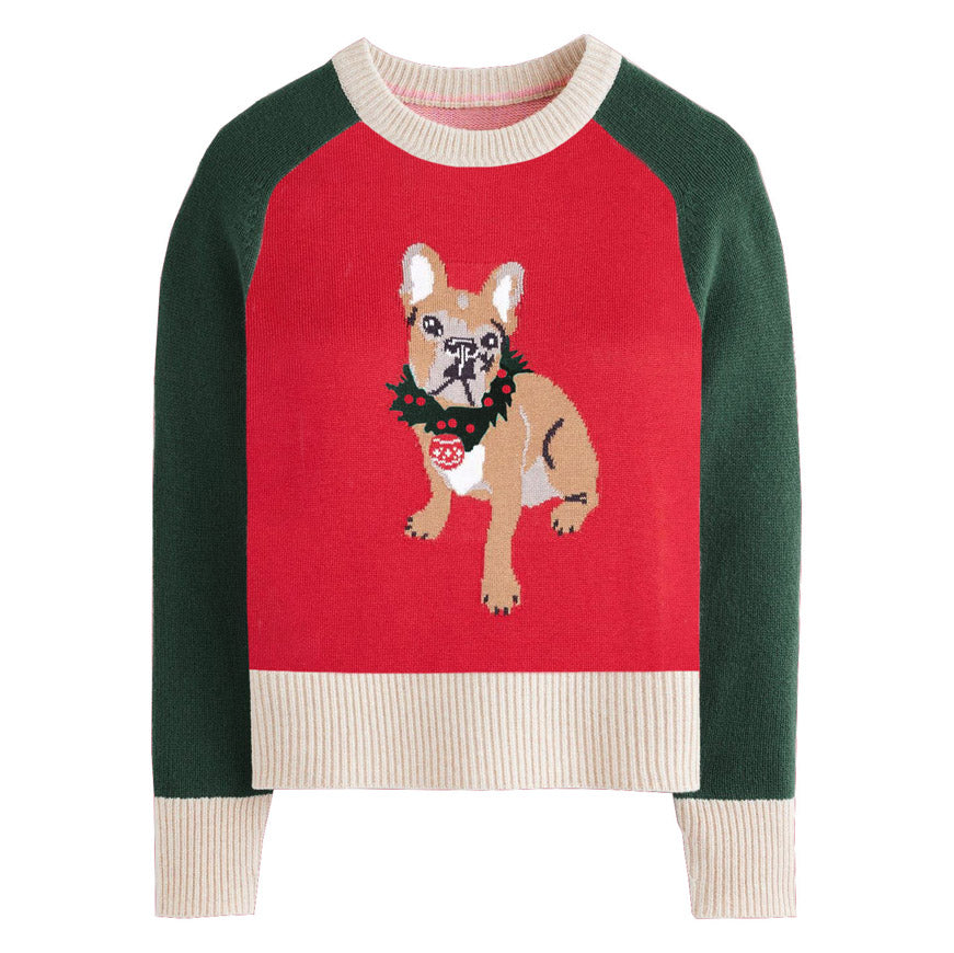 Women's red-green Christmas vintage pug sweater