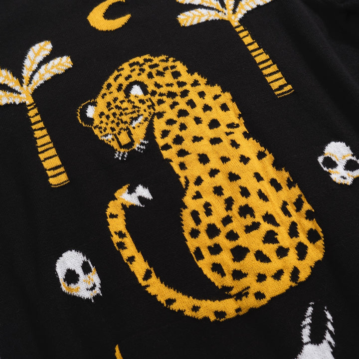 Women's black leopard jacquard vintage sweater