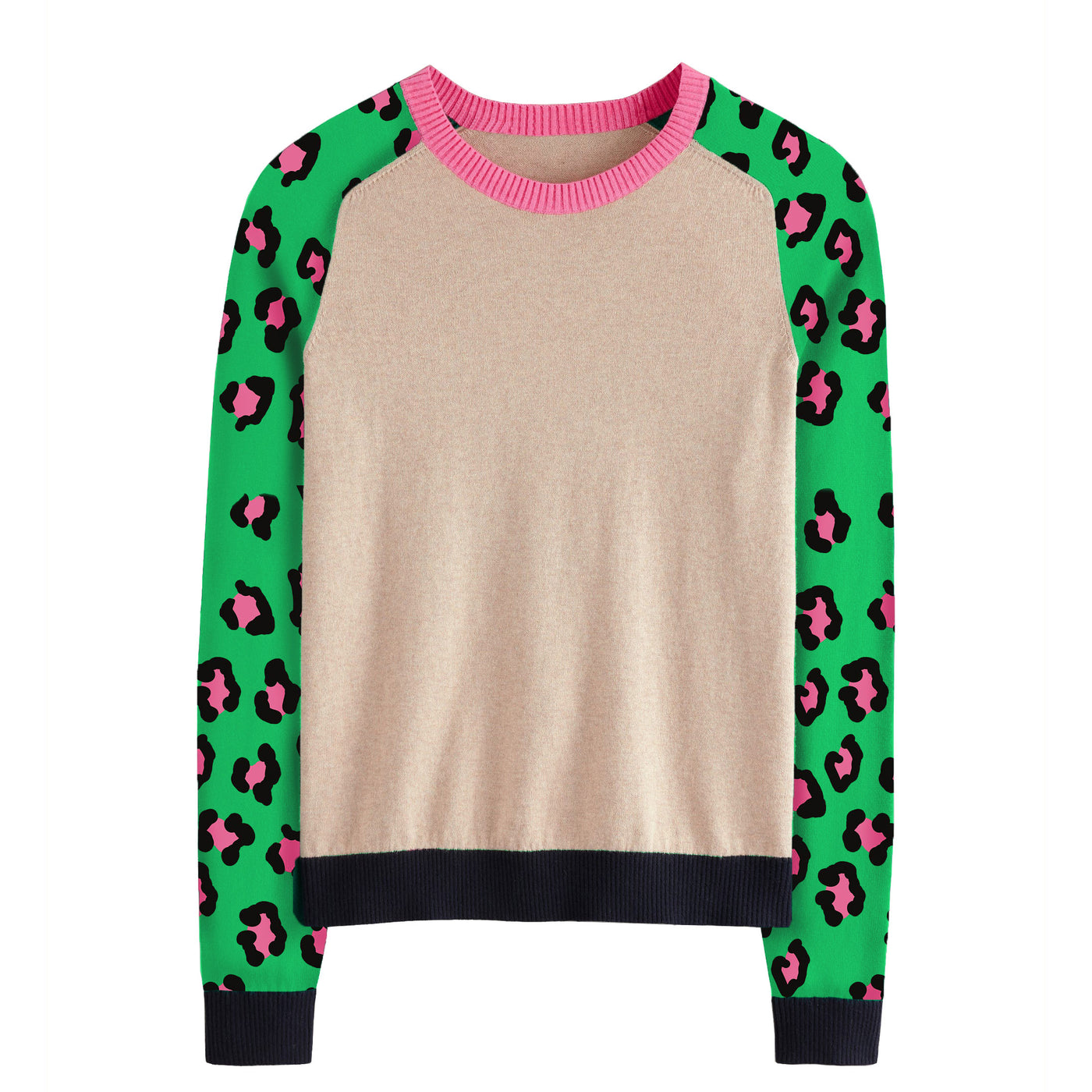 Women's green matching leopard-print knit sweater