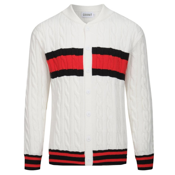 Men's white matching red striped cardigan sweater